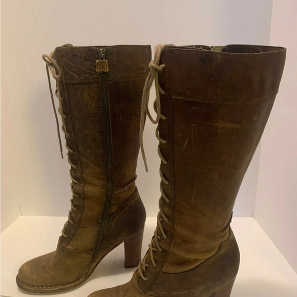 Frye Villager Lace Up Tall Boots stack heel Distressed brown Leather Siz… - Picture 4 of 11